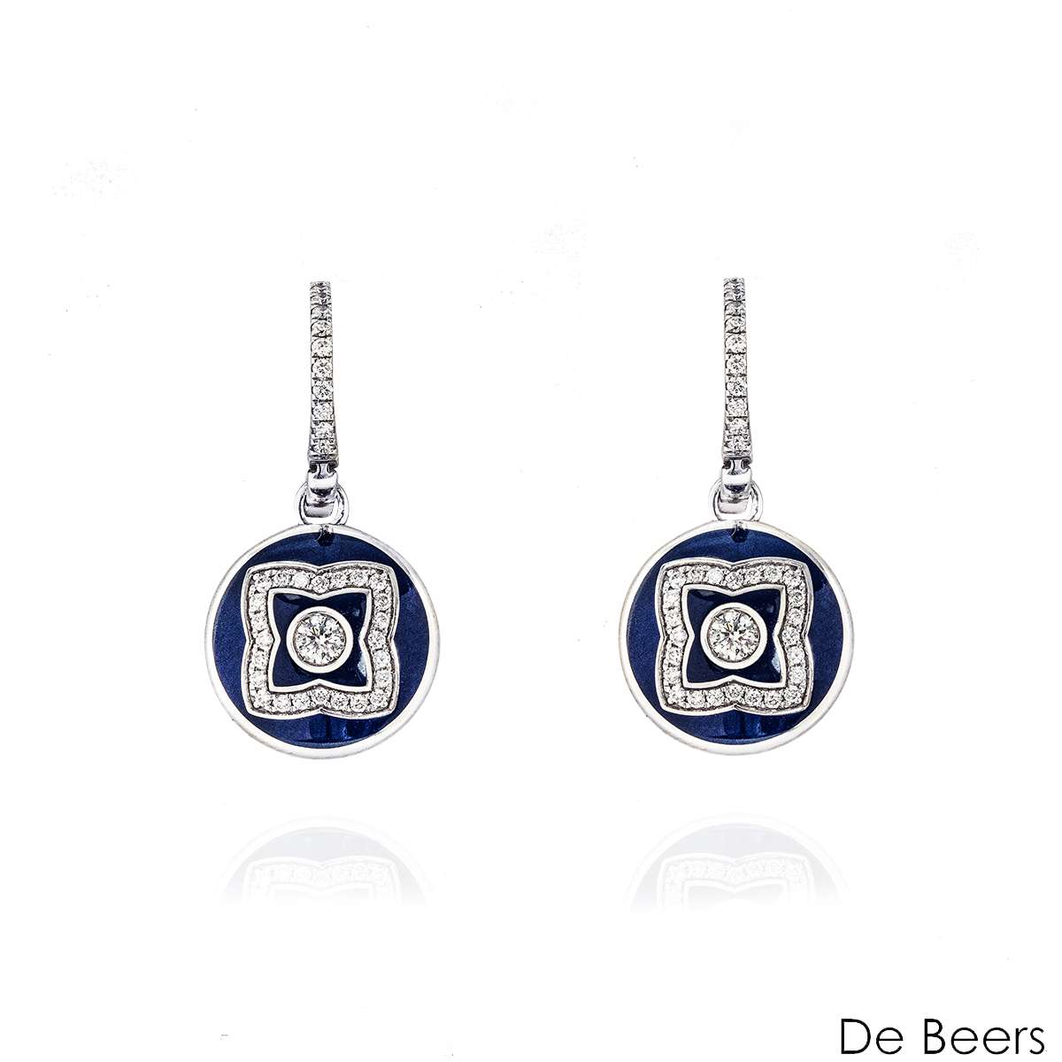 De Beers White Gold Enchanted Lotus Diamond and Blue Enamel Sleeper Earrings TDW 0.40ct